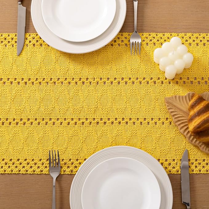 Socomi Boho Table Runner Easter Spring Farmhouse Rustic Dining Kitchen Centerpiece Decor Small Macrame Woven Cotton Linen Coffee Table Runner for Dresser Scarf Home Decor 12x72 in Yellow Gold