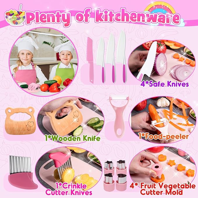 Montessori Toys for 3 4 5 6 7 8 9 10 Year Old Girls Boys Birthday Gifts,Kids Kitchen Knife Set for Real Cooking & Apron and Glove,Toddler Knife Set, Learning Toys