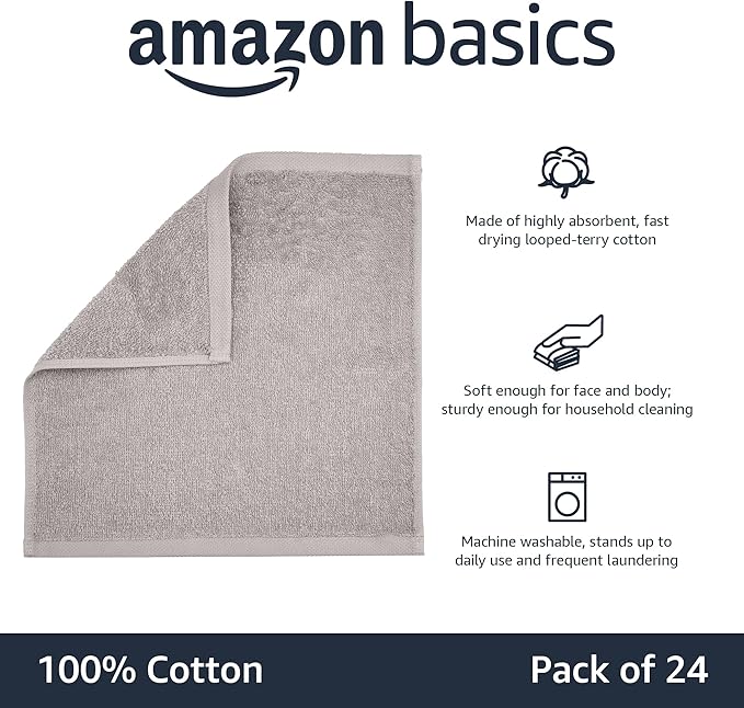 Amazon Basics Fast Drying Cotton Washcloths for Bathroom, Machine Washable, Extra Absorbent, 12 x 12 in, Gray, (Pack of 144)