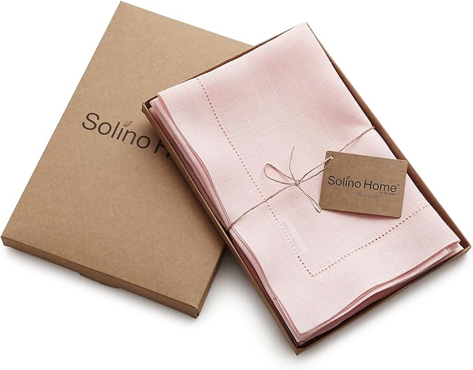 Solino Home Pink Linen Napkins Set of 4-100% Pure Linen Hemstitch Dinner Napkins 20 x 20 Inch for Mothers Day, Spring, Summer - Classic Hemstitch