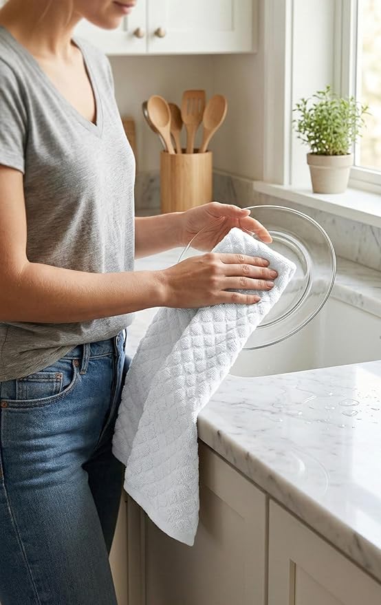 SYDR Premium Kitchen Towel (16”x 28”, 4 Pack), Cotton Kitchen Hand Towel, Jacquard Diamond Weave, Highly Absorbent Tea Towel Set with Hanging Loop, White