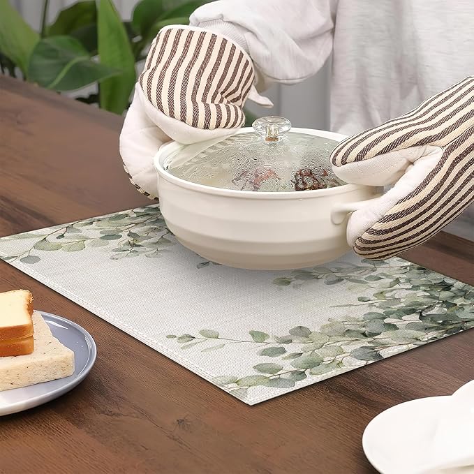 Watercolor Eucalyptus Leaves Placemats Set of 6, Green Branches Table Mates Non-Slip Heat Resistant Washable Linen Place Mats for Party Kitchen Dining Decoration Indoor Outdoor 12"x18"