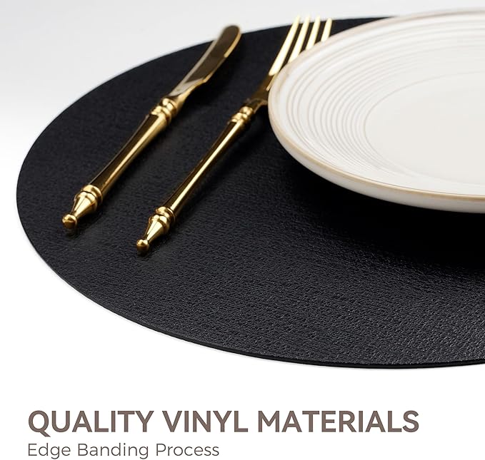 13" Round Placemats Set of 8, Reversible Faux Leather Heat Resistant Table Mats, 100% Waterproof Oilproof Wipeable Table Protective Placemats for Vinyl, Washable for Indoor (8, Black)