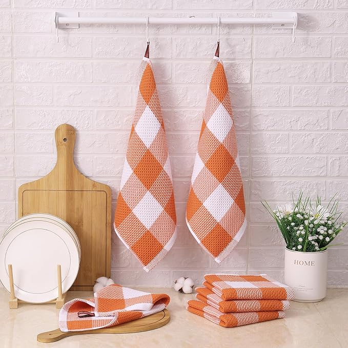 Mordimy 100% Cotton Waffle Weave Plaid Dish Cloths, 12 x 12 Inches, Super Soft and Absorbent Quick Drying Buffalo Check Dish Rags for Kitchen, 12-Pack, Orange & White