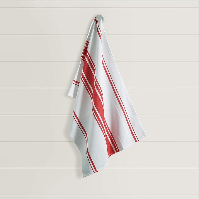 Kitchen Towels Set – Pack of 3 (20’’ x 30’’) Extra Large Premium Cotton Dish Towels for Kitchen – Absorbent – 100% Cotton – with Hanging Loop – Red Multi Design Striped