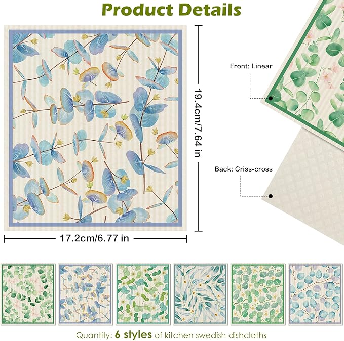 6 Packs Swedish Paper Cloths for Kitchen, Reusable Paper Towels Washable Dish Rags, Highly Absorbent Kitchen Towels Quick Drying Swedish Sponge Cleaning Dish Cloths(Eucalyptus Leaves)
