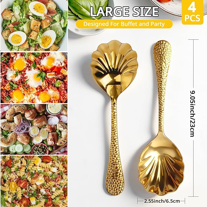 Serving Spoons 4Pack, 18/10 Stainless Steel Large Serving Spoons Set, Hammered Long Handle Serving Spoons for Buffet, Scalloped Design Serving Utensils for Kitchen Party Buffet Banquet (Gold)