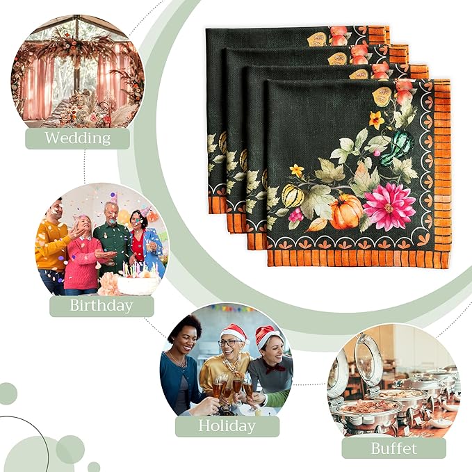 Maison d' Hermine Cloth Napkins Set of 4 100% Cotton for Thanksgiving Christmas Decorations Everyday Reusable Square Fall Napkins Cloth Washable Dinner Party (Pumpkin Garden - Dark Green, 20"x20")