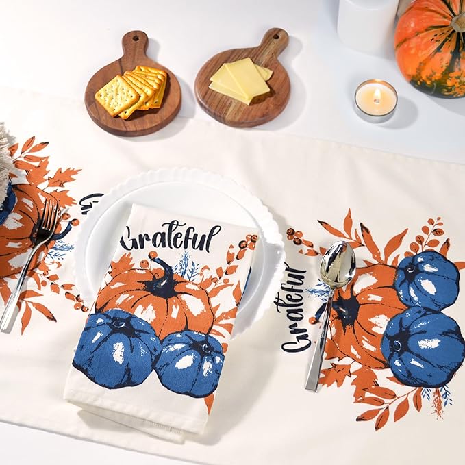 The Fine Living Company Set of 2 Grateful l Printed Dish Towels, Hand Towels, Boho Tea Towels - Multifunctional, Stylish, Absorbent, Quick Dry, Soft, 18" x28", 100% Cotton, Blue & Orange
