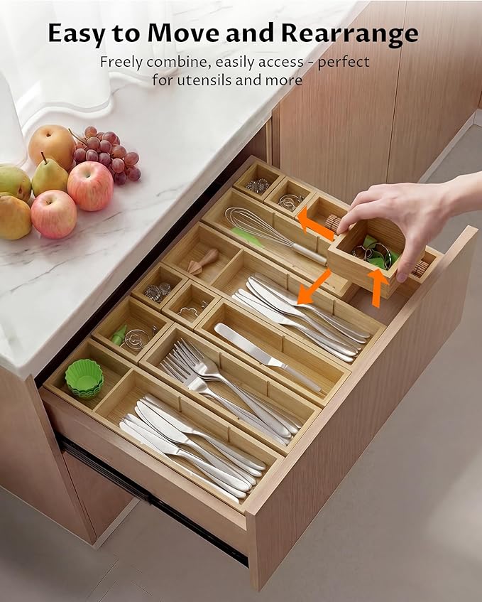 12-Piece Bamboo Desk Drawer Organizer Set – Adjustable Storage Boxes with 24 Compartments, Non-Slip, Modular Design for Office, Jewelry, Vanity, and Kitchen Utensil Drawer Storage