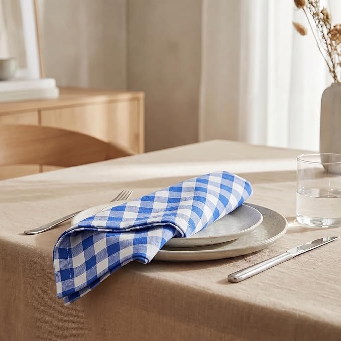 Urban Villa Cloth Napkins 100% Cotton Dinner Napkins Highly Absorbent 20x20 Inches (Set of 12) Blue White Buffalo Checks Reusable Washable Soft Durable Premium Napkins Ideal for Home Wedding Parties