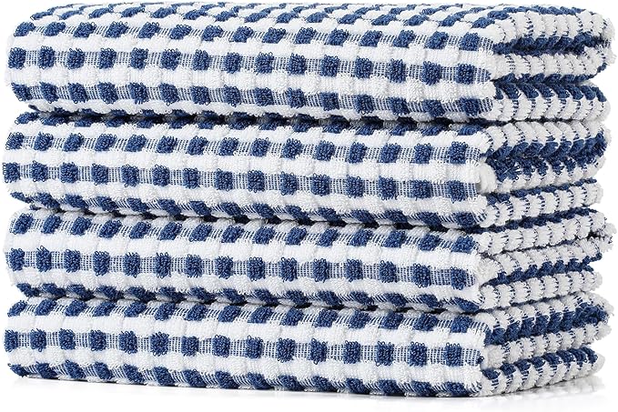 SALAS Cotton Dish Towels Cloths for Kitchen Drying Dishes, Lattice Terry Towels, Highly Absorbent Kitchen Cloths with Hanging Loop, 16‘’ x 26‘’, 4 Packs, Blue