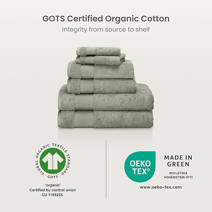 BIOWEAVES 100% Organic Cotton 700 GSM Plush Luxury Bath Towels for Bathroom 30" x 58" GOTS Certified - Sage, Pack of 2