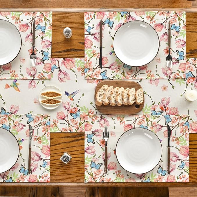 Artoid Mode Flowers Bird Butterfly Spring Placemats Set of 4, 12x18 Inch Seasonal Summer Table Mats for Party Kitchen Dining Decoration