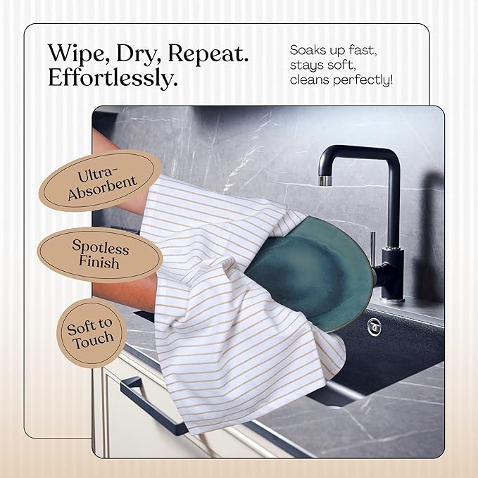 Beige Stripe Kitchen Towels, 12 Pack, 100% Cotton, Super Absorbent and Quick Dry, Classic Striped Towel Set, Durable Dish Cloths for Kitchen Use, Cleaning & Drying Dishes