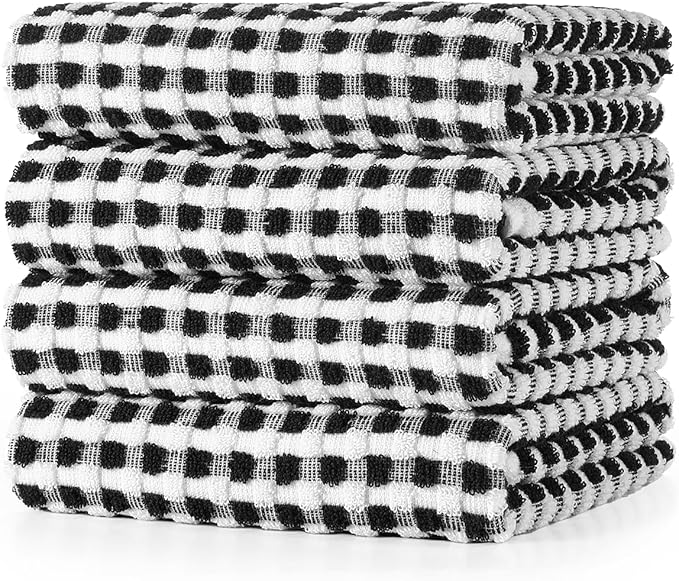 SALAS Cotton Dish Towels Cloths for Kitchen Drying Dishes, Lattice Terry Kitchen Towels, Highly Absorbent Kitchen Cloths with Hanging Loop, 16‘’ x 26‘’, 4 Packs, Black