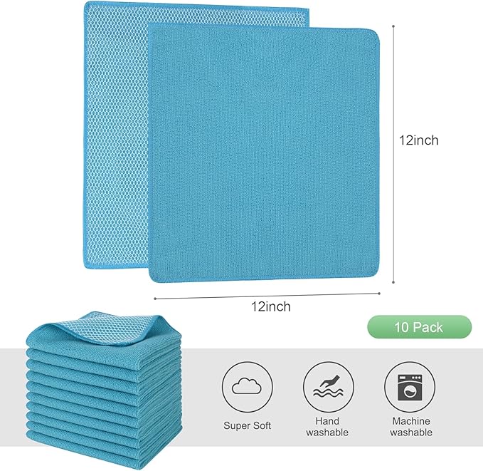 SINLAND Microfiber Dish Cloth for Washing Dishes Dish Washing Rags Best Kitchen Washcloth Cleaning Cloths Wash Cloths with Poly Scour Side 12Inchx12Inch 10 Pack Blue