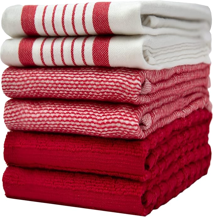 Premium Kitchen Towels (20”x 28”, 6 Pack) | Large Cotton Dish Towels | Flat & Terry Highly Absorbent Kitchen Linen Set with Hanging Loop | Red Striped