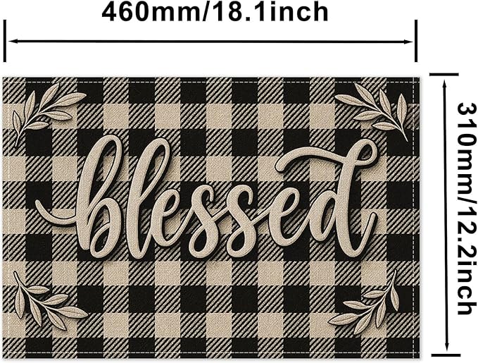 HOMETITUTE Blessed Placemats Set of 4 Linen 12x18 Inch Washable Table Mats Black and White Buffalo Plaid Rustic Farmhouse Place Mats Decorative Kitchen Dining Table Party Holiday Home Decor