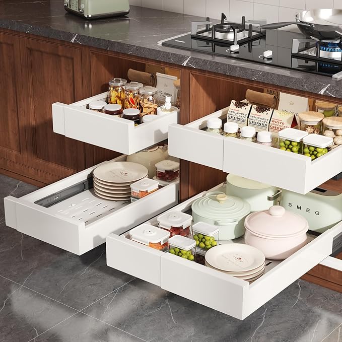 Seinloes 2 Pack Pull Out Cabinet Organizer Expandable Width(11"-16") and Depth(17"-24"),Slide Out Drawers with Raising Pad for Framed Cabinets,No Drill Roll Out Shelves for Kitchen,Bathroom,White