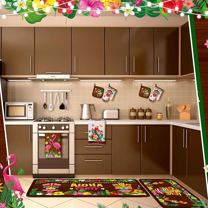 Fourluoo 10 Pcs Hawaii Kitchen Towels Oven Mitts and Pot Holder Luau Aloha Kitchen Set Decor Flower Tropical Palm Rugs and Mats Parrot Flamingo Dish Towels for Summer Chef Baking Cooking Grilling BBQ
