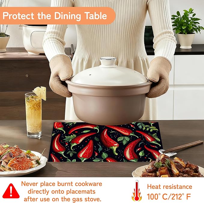 Red Pepper Placemats Set of 6,Dinner Table Mats Non-Slip Washable Mats for Kitchen Dinner Party Tablemat 12x18Inch