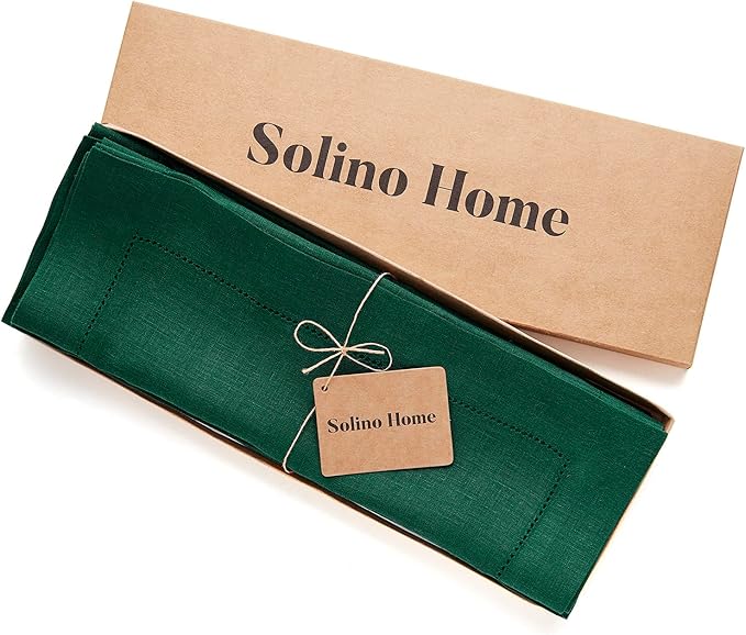 Solino Home Linen Placemats Set of 4 - Classic Hemstitch Rainforest Green Placemats 14 x 19 Inch - 100% Pure Linen Table Mats