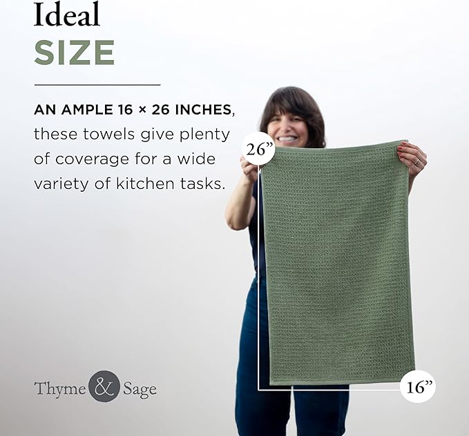 Thyme and Sage 100% Cotton Premium Turkish Kitchen Hand Towel Set, 16"x26", Ultra Absorbent, 350 GSM, Kale, Pack of 4