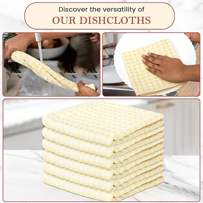 Vintage Vista 100% Cotton Dish Cloths (Pack of 6) - Dish Rags for Washing Dishes - Reusable & Highly Absorbent Kitchen Towels - Kitchen Rags fo Easter - (12" x 12" - Lemon Yellow Honeycomb)