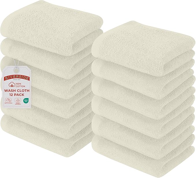 RIVERSIDE Pack of 12 Washcloths, 12 x 12 Inches, 100% Cotton, Premium Flannel Face Cloths, Highly Absorbent & Soft Feel Fingertip Towels (Cannoli Cream, 12 Pack)