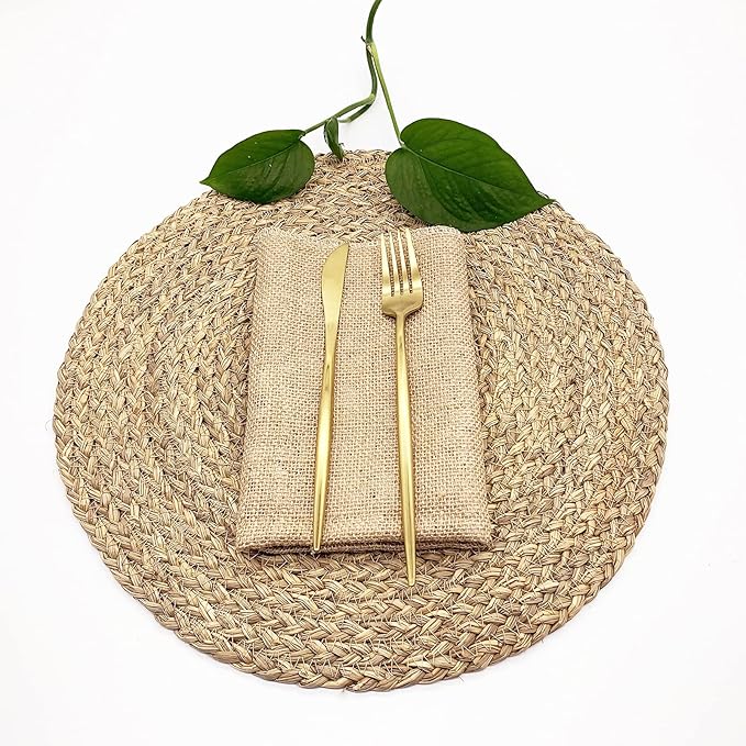 Woven Placemats for Dining Table Set of 2, 100% Natural Straw, Rustic Round Placemats Farmhouse Table Mats Rattan Wicker Placemats Hand Braided Place Mats for Indoor Outdoor, 14.17“