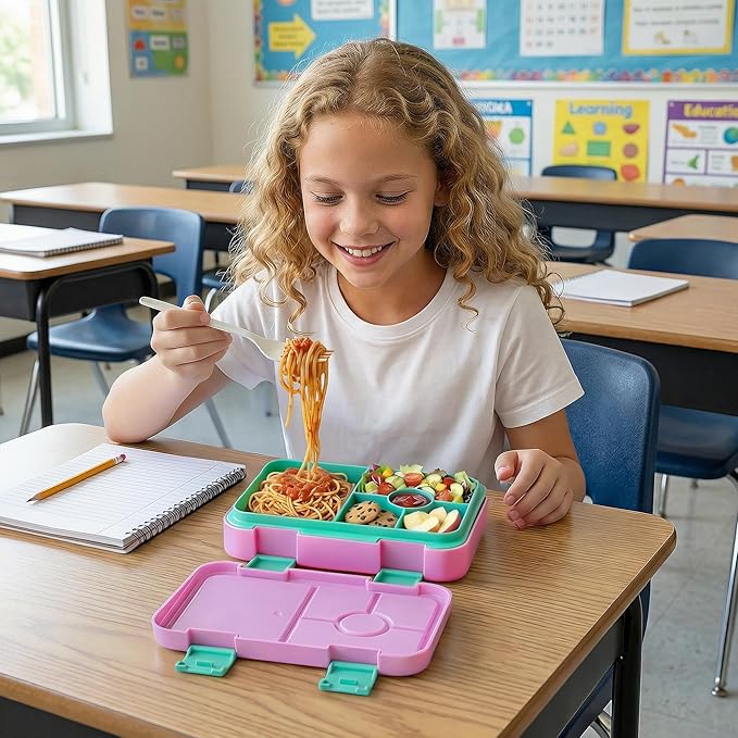 Bento Lunch Box for Kids, 6 Compartments BPA Free, Dishwasher Safe Back to School Snack Bento Lunch Containers Boxes, Ideal Portion Sizes for On-the-Go Meal, Ages 3+, School, Pink Patterned