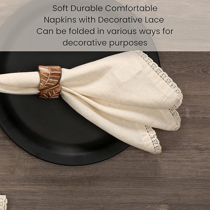 Cotton Clinic 12 Pack Cloth Dinner Napkins with Decorative Lace Oversized 20x20, Linen Cotton Fabric Tailored with Mitered Corner - Cocktail Napkins, Wedding Dinner Napkins Natural