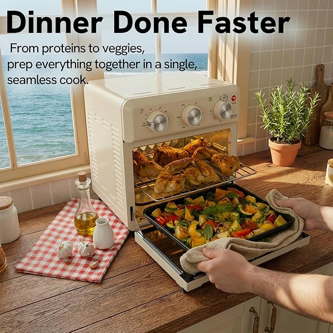 VAL CUCINA 6-in-1 Air Fryer Toaster Oven Combo, Compact 12.7 QT Small Countertop Convection Oven, Fits 9" Pizza & 4 Toast, Hexagon Hybrid Heating, Enamel Baking Pan