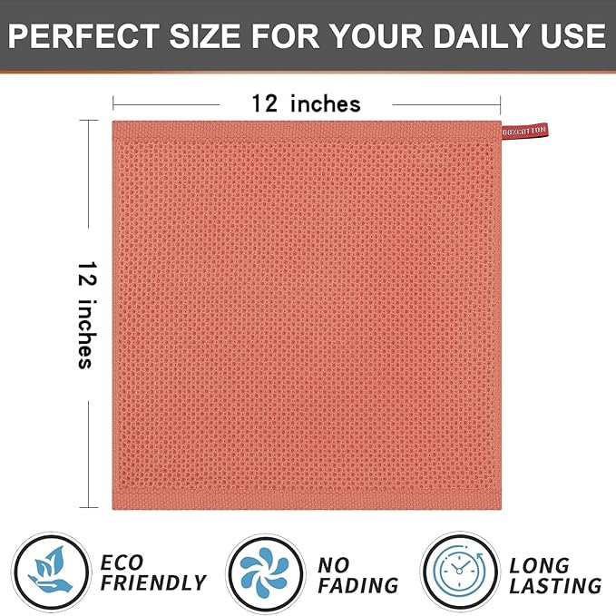 Kitinjoy 100% Cotton Kitchen Dish Cloths (12 X 12 Inches, Coral), 6 Pack Waffle Weave Ultra Soft Absorbent Dish Towels for Drying Dishes Quick Drying Kitchen Towels Dish Rags