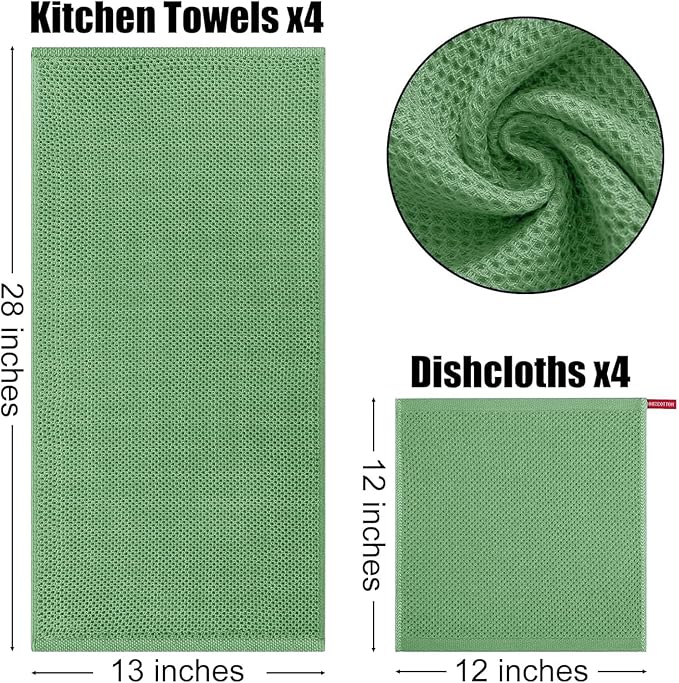 Kitinjoy 100% Cotton Kitchen Towels and Dishcloths Set, 12 Pack-13" x 28" and 12" x 12" Waffle Weave Dish Towels, Ultra Soft Absorbent Quick Drying Dish Rags, Grass Green