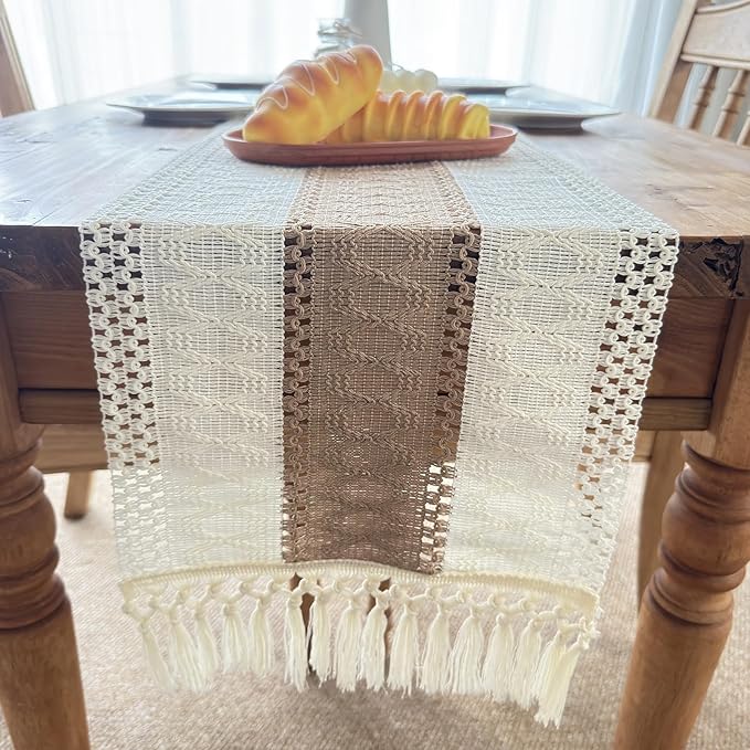 Boho Table Runner for Home Decor with Tassels 90 Inches Long, Farmhouse Rustic Cream & Brown Table Runners for Kitchen Holiday Party and Wedding Decor Runner (12x90in, Fringe Included)
