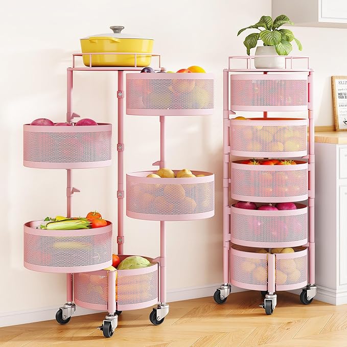 SNTD Fruit and Vegetable Basket Bowls for Kitchen with Metal Top Lid, 5 Tier Rotating Storage Rack Cart for Potato Onion Bread Banana, Wire Basket Organizer on Wheels, Large, Pink