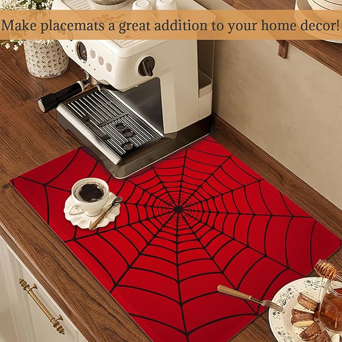 Spider Web Red Placemats Set of 6 Place Mats for Kitchen Table Washable Farmhouse Linen Table Mats Dining Decoration 12x18 Inch