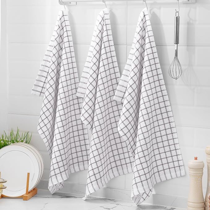 Homaxy 100% Cotton Kitchen Towels 4 Pack-15 X 25 Inches, Check Design Waffle Weave Hand Tea Towels, Super Soft and Absorbent Dish Towel for Drying Dishes, Light Grey