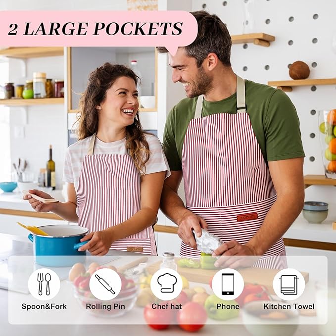2Pack Adjustable Kitchen Apron for Women Men with 2 Pockets，Cotton-Polyester Blend Bib Aprons for Cooking,Baking