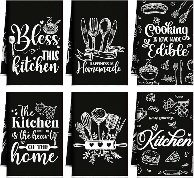 Bencailor 6 Pcs Kitchen Towels Decorative Sets Dish Towels Absorbent Fast Drying Hand Tea Vintage Hanging Reusable Cleaning Dishcloths for Cooking Farmhouse Bathroom Accessory(White Black,Cooking)