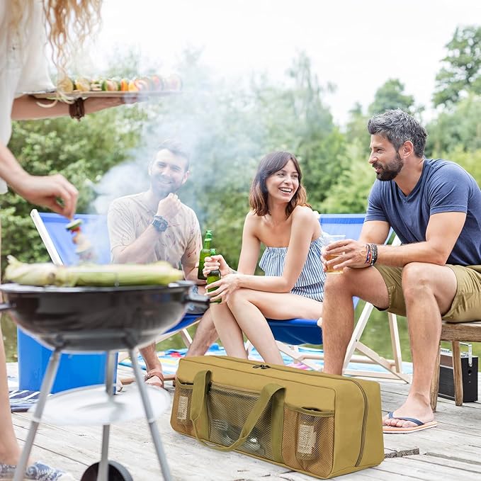 Grill Tool Storage Bag, Large Grill Utensil Storage Caddy with Pockets, BBQ Tools Storage Bag for Outdoor Camping(Brown)