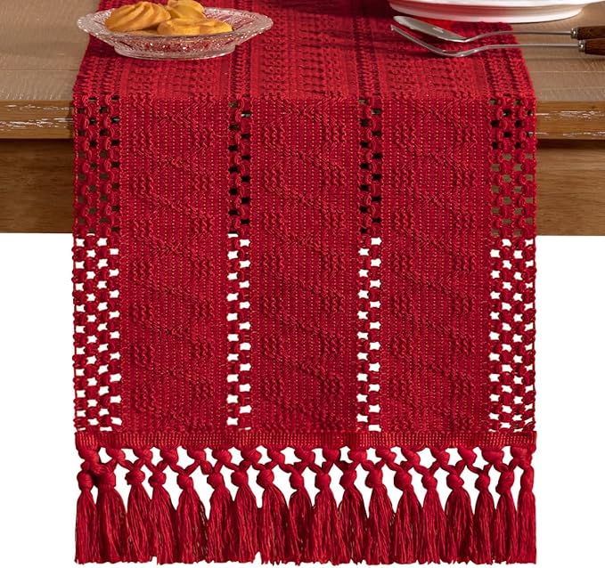 Socomi Boho Table Runner Easter Spring Farmhouse Rustic Dining Kitchen Centerpiece Decor Small Macrame Woven Cotton Linen Coffee Table Runner for Dresser Scarf Home Decor 12x72 in Red