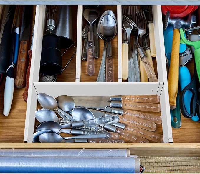 Sawysine 12 Pcs Bamboo Drawer Dividers Adjustable Drawer Organizers Spring Separators Organization Expandable Organizers for Kitchen Bedroom Bathroom Dresser Office (White Color, 22 x 2.4 Inches)
