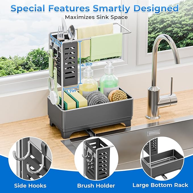 Kitchen Sink Caddy with Stainless Steel Towel Holder, Handy Sponge Holder for Kitchen Sink with Extending Drain Spout, No-Tool Assembly Space Saver for sink Countertop Accessories(Gray)