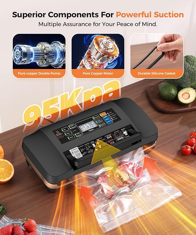 Vacuum Sealer Machine, Updated Powerful 95KPa Commercial Food Saver with Double Seal for 2X Strength, Built-in Cutter, Bags Storage & Easy-Lock Handle, Includes Free Bags (1 Roll + 10 Pre-cut) Black