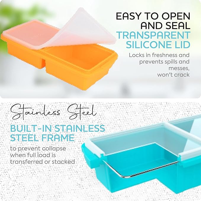 XOMOO Silicone Freezer Tray With Lid-Soup Freezer Container molds-2-cup Extra Large Ice Cube Tray-makes 4 perfect 500ml portions cubes, For freezing soup,stews,sauces.Oven&Dishwasher-Safe(2-Pack)