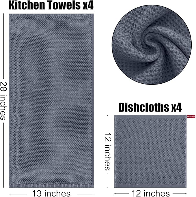 Kitinjoy 100% Cotton Kitchen Towels and Dishcloths Set, 12 Pack-13" x 28" and 12" x 12" Waffle Weave Dish Towels, Ultra Soft Absorbent Quick Drying Dish Rags, Dark Grey