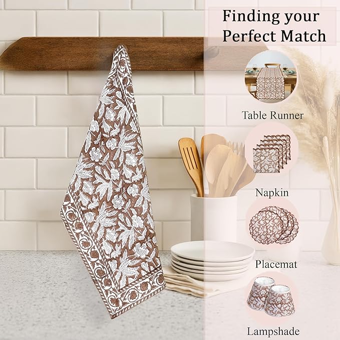 Ridhi Oak Brown Hand Block Print Waffle Kitchen Towel Set of 3-16 x28 Ultra Absorbent Quick Dry 100% Cotton Dish Towels Lightweight Reusable Sustainable Tea Towels for Cleaning and Drying